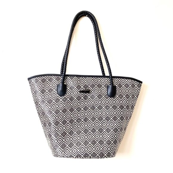 Neiman Marcus Tribal Bucket Bag Tote Black White Diamond Braided Handles EUC - Picture 3 of 6
